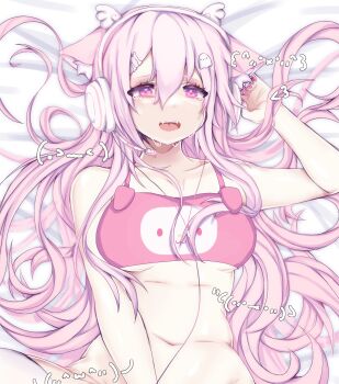 1girl angel_(houndeater) animal_ears bone bone_hair_ornament bow bra breasts cat_girl crying crying_with_eyes_open fangs fingernails hair_ornament headphones headset highres houndeater long_hair looking_at_viewer lying merchandise my_melody my_melody_(series) nail_art nail_ornament on_back original pink_hair pink_nails sanrio solo tears underboob underwear