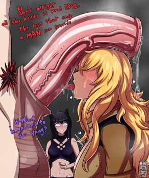 1boy 2girls adam_taurus animal_ears animal_penis black_hair blake_belladonna blonde_hair blush breasts cat_ears crying fellatio h3rz4rl hetero highres horse_penis huge_penis large_breasts licking licking_penis long_hair looking_at_another medium_breasts midriff multiple_girls navel oral penis penis_on_head precum rwby saliva tears tongue tongue_out wide-eyed yang_xiao_long yellow_eyes