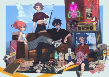 1boy 4girls :3 arm_at_side arm_rest at-at ball bare_arms bare_shoulders belt black_pants black_shirt blue_eyes blue_hair blue_shoes blue_shorts border breasts brown_eyes can cassette_player cassette_tape closed_mouth collared_shirt commentary contrapposto couch cropped_shirt crt doll dot_mouth dot_nose expressionless flag food furby game_console ghostbusters grey_pants groin hachiouji_vivi hair_between_eyes hand_on_own_hip highres himitsu_no_aipri himitsupuri holding holding_stuffed_toy hoshikawa_mitsuki hoverboard lava_lamp legs_apart legs_on_another's_lap looking_at_viewer mamiya_chii medium_hair midriff multiple_girls nanaura_otome nanaura_subaru navel neon_lights on_couch outside_border pants pepsi pink_hair pizza pizza_box ponytail popcorn powerpuff_girls_(style) pretty_series print_shirt priusa purple_eyes purple_hair purple_shirt red_eyes red_shirt sega_dreamcast shirt shoes short_hair short_sleeves shorts sitting sleeveless sleeveless_shirt small_breasts sneakers soccer_ball socks staff standing star_wars sticker straight_hair stuffed_animal stuffed_rabbit stuffed_toy toy two_side_up white_border white_flag white_shirt white_shoes white_socks wide_sleeves