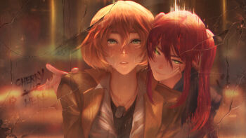 2girls artist_name black_jacket black_shirt blurry blurry_background brown_jacket closed_mouth collarbone collared_jacket collared_shirt commentary commission dog_tags english_commentary english_text freckles glowing glowing_eyes green_eyes hair_between_eyes highres hug hug_from_behind jacket lips looking_at_mirror looking_at_viewer medium_hair mirror multiple_girls nose open_clothes open_jacket orange_hair original parted_lips paul_nong red_hair shirt shirt_under_shirt sidelocks signature smile teeth twintails upper_body water wet wet_clothes wet_face wet_jacket wet_shirt white_shirt