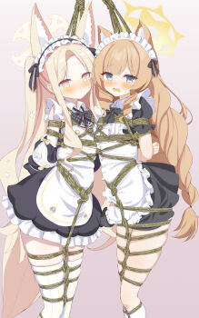 2girls alternate_costume animal_ear_fluff animal_ears apron arms_behind_back bdsm black_dress blonde_hair blue_archive blush bondage bound bound_arms braid cat_ears commentary_request cross_halo detached_sleeves dress enmaided fox_ears fox_girl frilled_apron frills hairband halo hamuta_(machosbrown) highres long_hair looking_at_viewer maid maid_apron maid_headdress mari_(blue_archive) multiple_girls open_mouth orange_hair puffy_short_sleeves puffy_sleeves rope seia_(blue_archive) shibari shibari_over_clothes short_sleeves white_apron white_hairband yellow_halo