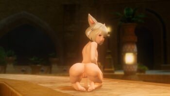3d animal_ears ass barefoot bell breasts cat_ears cat_girl collar completely_nude feet final_fantasy final_fantasy_xiv flat_chest hair_bell hair_ornament highres khloe_aliapoh kneeling loli looking_at_viewer looking_back miqo'te nude pussy small_breasts soles toe_scrunch toes uncensored