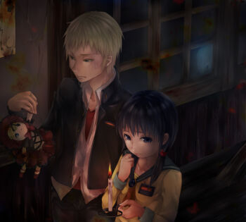 Rule 34 | 1boy, 1girl, black hair, blonde hair, blood, blood stain, blue eyes, brooch, candle, candlelight, collarbone, collared shirt, corpse party, creepy, doll, expressionless, ghost, highres, horror (theme), indoors, jacket, jewelry, kishinuma yoshiki, long hair, oneko-nnnn, open clothes, open jacket, poster (medium), poster (object), sailor collar, scared, school uniform, serafuku, shinozaki ayumi, shirt, short hair, spirit, sweatdrop, twintails, wax, white shirt