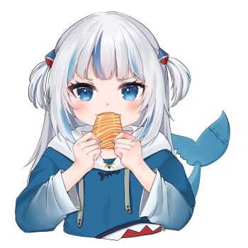 Rule 34 | 1girl, blue eyes, blue hair, blue hoodie, blush, choppy bangs, commentary, cropped torso, dear arisu, eating, fins, fish tail, food, gawr gura, hair ornament, highres, holding, holding food, hololive, hololive english, hood, hood down, hoodie, long hair, looking at viewer, multicolored hair, shark girl, shark hair ornament, shark tail, simple background, solo, straight-on, streaked hair, tail, two side up, virtual youtuber, white background, white hair