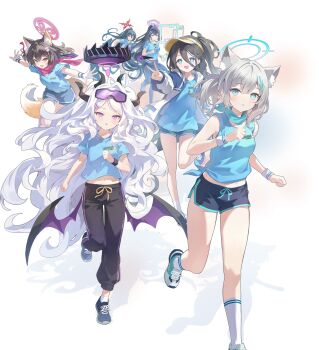 6+girls animal_ear_fluff animal_ears aris_(blue_archive) black_hair black_wings blue_archive blue_eyes blue_shirt cross_hair_ornament demon_girl demon_horns demon_wings extra_ears feathered_wings fingerless_gloves fox_ears fox_girl fox_tail gloves grey_hair hair_between_eyes hair_ornament halo hasumi_(blue_archive) high_ponytail highres hina_(blue_archive) horns izuna_(blue_archive) jacket key_visual leggings long_hair looking_at_viewer multiple_girls official_art open_clothes open_jacket pants ponytail promotional_art purple_eyes red_eyes red_halo running shiroko_(blue_archive) shirt shoes short_shorts shorts sleeves_rolled_up sneakers sumire_(blue_archive) t-shirt tail thighs track_pants transparent_background v very_long_hair visor_cap white_hair white_jacket wings wolf_ears wristband