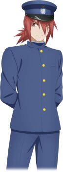 Rule 34 | 1boy, arms behind back, artist request, blue hat, blue pants, blue shirt, brown eyes, closed mouth, cowboy shot, game cg, hat, highres, kratos aurion, looking at viewer, male focus, medium hair, official alternate costume, official art, pants, peaked cap, red hair, shirt, solo, spiked hair, standing, tales of (series), tales of asteria, tales of symphonia, third-party source, transparent background