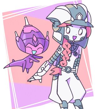 1girl blue_skin braid closed_eyes colored_skin commentary dot_nose eyelashes floating gen_7_pokemon gloves helmet highres long_hair nintendo open_mouth orange_hair poipole pokemon pokemon_(creature) pokemon_usum remoooon single_braid smile ultra_beast ultra_recon_squad_uniform white_gloves white_helmet zossie_(pokemon)