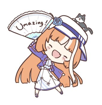 akikawa_yayoi_(umamusume) animal animal_on_head ascot blue_jacket blush blush_stickers cat cat_on_head chibi closed_eyes facing_viewer fang folding_fan full_body hand_fan hand_fan_writing hat highres holding holding_fan jacket long_hair long_sleeves multicolored_hair on_head open_mouth orange_hair shirt simple_background skin_fang skirt smile streaked_hair sun_hat ukichan22905846 umamusume white_hair white_shirt white_skirt