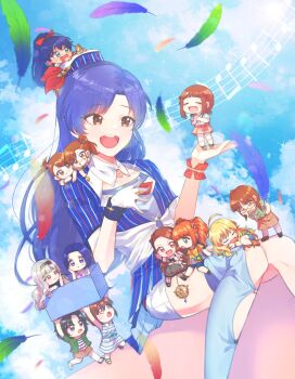 Rule 34 | 6+girls, akizuki ritsuko, amami haruka, blue hair, blue sky, brown eyes, chibi, falling feathers, feathers, futami ami, futami mami, ganaha hibiki, glint, hagiwara yukiho, hamuzou, hat, highres, hoshii miki, idolmaster, idolmaster (classic), idolmaster million live!, idolmaster million live! theater days, kikuchi makoto, kisaragi chihaya, long hair, lunim (roo 0 0), minase iori, miura azusa, multiple girls, open mouth, outdoors, pinstripe pattern, shijou takane, sitting, sky, smile, takatsuki yayoi, teeth, textless version, upper teeth only