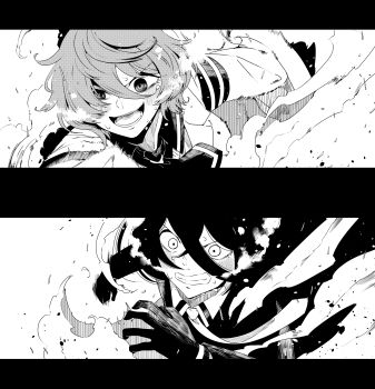 2girls :d absurdres agnes_tachyon_(tach-nology)_(umamusume) agnes_tachyon_(umamusume) black_gloves blush breath clenched_teeth collage commentary_request crossed_bangs debris facing_viewer gloves greyscale hair_over_one_eye highres letterboxed long_bangs long_sleeves manhattan_cafe_(creeping_shadow)_(umamusume) manhattan_cafe_(umamusume) monochrome motion_lines multiple_girls open_mouth running sleeves_past_fingers sleeves_past_wrists smile sweat teeth tori_(hiyoko_bazooka) umamusume v-shaped_eyebrows wide-eyed