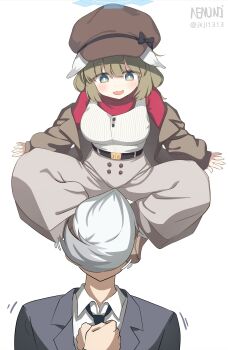 1boy 1girl absurdres animal_ears baggy_pants belt blue_archive blush breasts brown_hair collared_shirt dog_ears dog_girl dog_tail flat_cap formal_clothes green_eyes halo hat highres jacket large_breasts n3moni necktie open_clothes open_jacket pants sensei_(blue_archive) shirt simple_background suit tail tail_on_face turtleneck vest yakumo_(blue_archive)