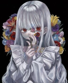 1girl anemone_(flower) black_background bug caterpillar commentary_request crying crying_with_eyes_open eyelashes flower flower_request frills highres holding holding_flower long_hair long_sleeves looking_at_viewer monou_pico original red_eyes simple_background solo tears upper_body white_hair