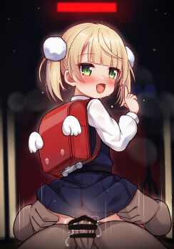 1boy 1girl absurdres anus backpack bag bar_censor blonde_hair blue_dress blunt_bangs blush censored clothed_sex commentary commentary_request cowgirl_position dress drooling english_commentary from_behind girl_on_top green_eyes hair_ornament hetero highres indie_virtual_youtuber loli long_sleeves looking_at_viewer looking_back luxuriou_s mixed-language_commentary motion_lines no_panties nose_blush open_mouth paid_reward_available penis pinafore_dress pointing pointing_up pom_pom_(clothes) pom_pom_hair_ornament puffy_long_sleeves puffy_sleeves pussy pussy_juice randoseru red_bag saliva sex shigure_ui_(vtuber) shigure_ui_(vtuber)_(young) shirt short_hair sleeveless sleeveless_dress speed_lines straddling twintails vaginal virtual_youtuber white_shirt x-ray