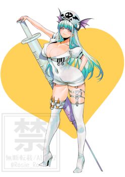 1girl artist_name bodysuit boots breasts cleavage collarbone commentary darkstalkers demon_girl demon_tail full_body green_eyes green_hair hat head_wings heart high_heel_boots high_heels holding holding_syringe large_breasts morrigan_aensland nurse nurse_cap oversized_object rosie_rosie simple_background solo standing symbol-only_commentary syringe tail thigh_boots twitter_username white_background white_bodysuit white_boots wings yellow_background