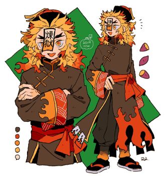 1boy alternate_costume black_pants black_socks blonde_hair chinese_clothes crossed_arms fingernails full_body hand_on_own_hip highres kimetsu_no_yaiba looking_at_viewer male_focus multicolored_eyes open_mouth pants red_eyes red_hair rengoku_kyoujurou sandals smile socks solo standing two-tone_eyes yellow_eyes zettai_22