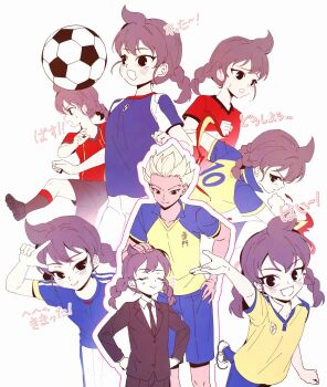 1boy 1girl ahoge bad_tag bed black_eyes black_shoes black_shorts black_socks black_suit blonde_hair blue_shirt blue_shorts blush braid brother_and_sister brown_hair formal_clothes gguck gouenji_shuuya gouenji_yuuka headpat highres inazuma_eleven inazuma_eleven_(series) multiple_views raimon raimon_soccer_uniform red_shirt shirt shoes shorts siblings soccer_uniform socks spiked_hair sportswear suit twin_braids white_shorts white_socks yellow_shirt