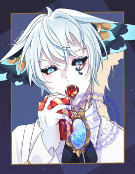 1boy ahoge artist_name bell_sleeves black_border black_sclera blue_background blue_eyes blue_gem border brooch colored_sclera commentary drop_shadow eating ether_(weinineko) expressionless eyeshadow facial_mark fangs food gem hand_up head_wings holding holding_food jewelry looking_at_viewer makeup male_focus mark_under_eye narrowed_eyes open_mouth original pale_skin portrait red_eyeshadow shirt short_hair simple_background solo straight-on tongue very_short_hair watermark weinineko white_hair white_shirt wings