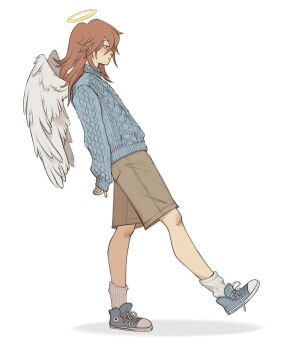 Rule 34 | 1boy, alternate costume, androgynous, angel devil (chainsaw man), angel wings, blue shoes, blue sweater, brown shorts, cable knit, chainsaw man, closed mouth, commentary, converse, english commentary, from side, halo, highres, long sleeves, male focus, medium hair, red hair, serenasketchess, shoelaces, shoes, shorts, simple background, sleeves past wrists, socks, solo, sweater, white background, white socks, white wings, wings