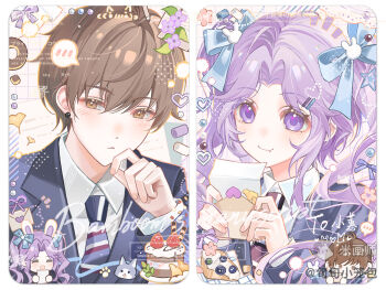 1boy 1girl blue_bow blue_jacket blue_necktie border bow brown_eyes brown_hair closed_mouth collared_shirt fang fang_out hair_between_eyes hair_bow hand_up jacket long_hair long_sleeves mihuashi_username necktie original parted_bangs portrait purple_eyes purple_hair shirt short_hair skin_fang smile striped_necktie watermark white_border white_shirt xun_xun_xiaolongbao