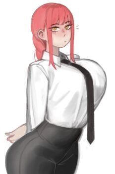 1girl arms_behind_back black_necktie black_pants braid braided_ponytail breasts chainsaw_man closed_mouth collared_shirt formal_clothes high-waist_pants kelvin_hiu large_breasts long_hair looking_at_viewer makima_(chainsaw_man) necktie pants red_hair ringed_eyes shirt shirt_tucked_in sidelocks solo white_background yellow_eyes