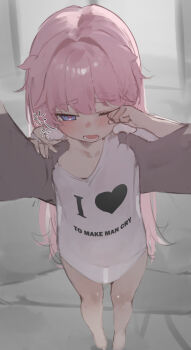 bare_legs blue_eyes blush encore_(wuthering_waves) flat_chest highres i_heart... lifting_person loli long_hair naked_shirt one_eye_closed open_mouth picking_up pink_hair red_pupils rubbing_eyes see-through_clothes shirt sleepy teeth thigh_gap wuthering_waves xaea_xp