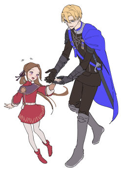 1boy 1girl age_difference aged_down belt blonde_hair blue_capelet blue_eyes blush boots brown_hair capelet child commentary couple dancing dimitri_alexandre_blaiddyd dress edelgard_von_hresvelg edelgard_von_hresvelg_(young) fire_emblem fire_emblem:_three_houses full_body garreg_mach_monastery_uniform hair_between_eyes happy head_tilt height_difference highres ikaikakka laughing long_hair long_sleeves looking_down nintendo open_mouth pants pantyhose purple_eyes red_dress simple_background twintails white_background white_pantyhose