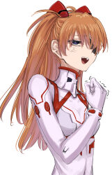Rule 34 | 1girl, anger, anger vein, artist request, bodysuit, breasts, clenched hand, evangelion: 3.0+1.0 thrice upon a time, eyepatch, forced smile, highres, interface headset, long hair, neon genesis evangelion, pilot suit, plugsuit, rebuild of evangelion, shiny clothes, smile, solo, souryuu asuka langley, very long hair, white background, white bodysuit