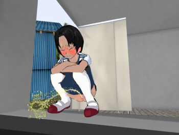 1girl 3d bathroom black_hair blue_buruma blur_censor blush buruma buruma_pull censored closed_eyes clothes_pull crossed_arms dark_skin grass gym_uniform hattsuyu original peeing pussy relief_(expression) shirt shoes short_hair short_sleeves sky squatting sweat thighhighs tree urinal urinal_use uwabaki white_shirt white_shoes white_thighhighs
