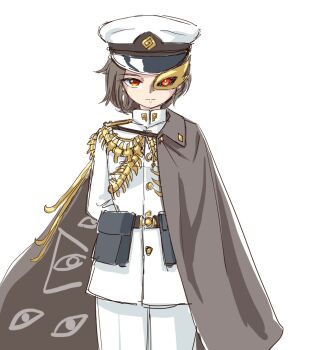 1girl adapted_costume alternate_costume arms_behind_back belt black_sclera brown_hair cape collared_jacket colored_sclera epaulettes eye_mask eye_of_providence eye_print gold_buttons half_mask hat iwanaga_ariya jacket mask mask_over_one_eye military_hat military_jacket military_uniform peaked_cap pouch red_eyes s-a-murai short_hair skeletal_clothes solo spinal_cord touhou