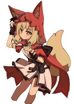1girl absurdres animal_ear_fluff animal_ears arknights arknights:_endfield black_gloves blonde_hair cape closed_mouth commentary cropped_legs dress ears_through_headwear fingerless_gloves gloves highres hood hood_up hooded_cape long_hair looking_at_viewer moepu. red_cape rossi_(arknights) simple_background solo tail thigh_strap white_background white_dress wolf_ears wolf_girl wolf_tail