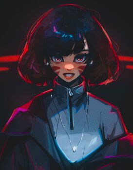 1girl black_background black_hair commentary d.va_(overwatch) english_commentary facial_mark grey_jacket highres jacket looking_at_viewer overwatch parted_bangs red_eyes short_hair smile solo straight-on titanartx upper_body whisker_markings zipper zipper_pull_tab