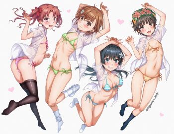 4girls :d armpits arms_up ass bikini black_hair black_socks black_thighhighs blue_bikini blue_eyes blush bow breasts brown_eyes brown_hair collarbone commentary_request flower flower_hairband front-tie_top gluteal_fold green_bikini groin hair_bow hair_flower hair_ornament halterneck isshi_pyuma legs long_hair looking_at_viewer looking_back medium_breasts medium_hair micro_bikini misaka_mikoto multiple_girls navel open_clothes open_mouth open_shirt orange_bikini pink_bikini presenting_armpit ribbon ribs saten_ruiko shirai_kuroko shirt short_hair side-tie_bikini_bottom small_breasts smile socks standing string_bikini striped_bikini striped_clothes swimsuit thigh_gap thighhighs thighs toaru_kagaku_no_railgun toaru_majutsu_no_index twintails twitter_username uiharu_kazari white_bikini white_shirt white_socks yellow_bikini