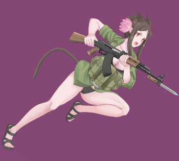 1girl absurdres ak-47 ammunition_pouch animal_ears assault_rifle bare_legs bayonet belt belt_buckle black_bra black_panties black_sandals bra brown_eyes brown_hair buckle cat_ears cat_girl cat_tail flower green_jacket gun hair_bun hair_flower hair_ornament highres holding holding_gun holding_weapon jacket kalashnikov_rifle load_bearing_equipment military_combat_uniform military_uniform muv-luv muv-luv_alternative nguyen_tam_lee no_pants open_clothes open_jacket open_mouth panties people's_army_of_vietnam pham_thi_ran pink_flower pouch powering_up purple_background rifle sandals schwarzesmarken sidelocks sleeves_rolled_up tail teeth underwear upper_teeth_only weapon