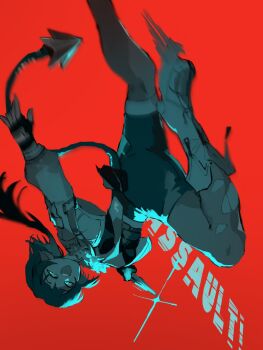 1girl animal_ears black_gloves black_hair blue_eyes commentary_request earrings english_text fingerless_gloves fur-trimmed_jacket fur_trim gloves grey_jacket grey_shoes high-waist_shorts highres holding holding_knife jacket jane_doe_(zenless_zone_zero) jewelry knife long_hair long_tail looking_at_viewer motion_blur mouse_ears mouse_girl mouse_tail multicolored_hair necktie open_mouth pantyhose red_background red_hair sharp_tail shoes shorts solo sparkle tail torn_clothes torn_pantyhose upside-down zen_yasai zenless_zone_zero