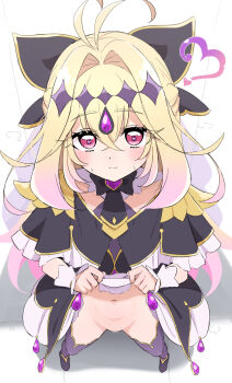 Rule 34 | 1girl, antenna hair, black dress, blonde hair, blush, bow, breasts, brooch, censored, commentary request, cure arcana shadow, diamond hairband, donutman, dress, forehead jewel, hair intakes, hair ribbon, highres, jewelry, long hair, looking at viewer, magical girl, meitantei precure!, moria luluka, navel, no panties, pink eyes, precure, purple thighhighs, purple veil, pussy, ribbon, small breasts, solo, thighhighs, two-tone dress, veil, white dress, wrist cuffs