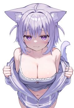 1girl :3 absurdres ahoge animal_ear_fluff animal_ears breasts camisole cat_cutout cat_ears cat_girl cat_tail cleavage closed_mouth clothing_cutout deaver double-parted_bangs grey_camisole hair_between_eyes highres hololive jacket large_breasts looking_at_viewer nekomata_okayu nekomata_okayu_(membership) official_alternate_costume partially_unzipped purple_eyes purple_hair purple_jacket short_hair smile solo strap_slip tail two_side_up virtual_youtuber