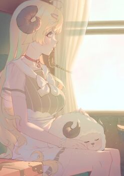 Rule 34 | 1girl, ahoge, animal, animal on lap, blonde hair, bracelet, breasts, cabin, choker, commentary, curled horns, dress, english commentary, flower bracelet, from side, grey dress, hair ornament, hairclip, hairpin, high-waist skirt, highres, hololive, horns, jewelry, large breasts, long hair, looking outside, miniskirt, multiple hairpins, official alternate costume, on lap, overexposure, overskirt, profile, purple eyes, red choker, ribbon choker, sailor collar, sailor dress, see-through clothes, see-through sleeves, sheep girl, sheep horns, short dress, short sleeves, sitting, skirt, solo, striped clothes, striped dress, suitcase, tinyen wang, train interior, tsunomaki watame, tsunomaki watame (street casual), vertical-striped clothes, vertical-striped dress, very long hair, virtual youtuber, watamate, white sailor collar, white skirt