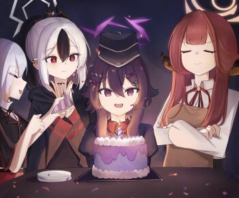 4girls absurdres apron aru_(blue_archive) bad_tag birthday black_choker black_hair black_hoodie black_horns black_jacket blue_archive bright_pupils brown_apron brown_horns cake candle candlelight choker closed_eyes closed_mouth collared_shirt commentary_request confetti crossed_arms demon_horns earclip food garrison_cap grey_halo hair_ornament hairclip hakotheboxxx halo haruka_(blue_archive) hat highres holding holding_party_popper hood hoodie horns jacket kayoko_(blue_archive) long_sleeves low_horns multicolored_hair multiple_girls mutsuki_(blue_archive) neck_ribbon no_coat open_mouth orange_halo party_popper ponytail problem_solver_68_(blue_archive) purple_eyes purple_hair purple_halo purple_jacket red_eyes red_hair red_ribbon red_shirt ribbon shirt short_sleeves smile table two-tone_hair white_hair white_pupils white_shirt