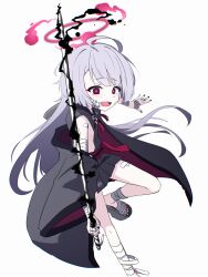 Rule 34 | 1girl, absurdres, bare shoulders, bell, blue archive, blush, detached sleeves, gauze, gauze on cheek, grey hair, grey sleeves, halo, highres, holding, holding sword, holding weapon, japanese clothes, jingle bell, katana, kiroshi, long hair, okobo, open mouth, red eyes, red halo, sandals, shuro (blue archive), simple background, smile, solo, sword, weapon, white background, wide sleeves