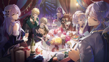 Rule 34 | 3boys, 4girls, absurdres, acheron (honkai: star rail), alternate costume, aventurine (honkai: star rail), bare shoulders, black dress, black jacket, black swan (honkai: star rail), blonde hair, bottle, box, breasts, brown hair, brown necktie, brown vest, caelus (honkai: star rail), celebration, champagne flute, circle facial mark, cleavage, closed mouth, collared shirt, commentary request, cup, dan heng (honkai: star rail), dan heng (imbibitor lunae) (honkai: star rail), dress, drinking glass, earrings, food, fu xuan (honkai: star rail), fugue (honkai: star rail), gift, gift box, green shirt, grey hair, hair between eyes, hair ornament, head wings, highres, holding, holding cup, honkai: star rail, honkai (series), indoors, jacket, jacket on shoulders, jewelry, jing yuan, large breasts, long hair, long sleeves, looking at viewer, march 7th (honkai: star rail), march 7th (hunt) (honkai: star rail), mark under both eyes, multicolored hair, multiple boys, multiple girls, necktie, one eye closed, orange eyes, pastry, purple hair, red dress, robin (honkai: star rail), ruan mei (honkai: star rail), shirt, short hair, sitting, smile, sparkle (doll) (honkai: star rail), sparkle (honkai: star rail), streaked hair, sunday (honkai: star rail), table, teacup, tingyun (honkai: star rail), totomong, trailblazer (honkai: star rail), twintails, very long hair, vest, wings, yellow eyes