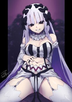 Rule 34 | 1girl, bare shoulders, black bow, black eyes, bow, braid, breasts, cleavage, collar, colored inner hair, commentary request, detached sleeves, dress, fate/strange fake, fate (series), francesca prelati (fate), frilled collar, frills, garter straps, grey hair, grin, hair bow, highres, long hair, looking at viewer, medium breasts, multicolored hair, navel, panties, ppps, ringed eyes, sidelocks, smile, solo, spread legs, stomach mouth, striped clothes, striped dress, teeth, thighhighs, thighs, underwear, very long hair, white dress, white hair, white panties, white thighhighs