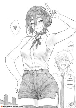1boy 1girl absurdres armpits artist_name bare_arms bare_shoulders breasts chainsaw_man choker collared_shirt commentary_request cowboy_shot denji_(chainsaw_man) english_text fkscrashing graphite_(medium) greyscale hair_between_eyes hand_on_own_hip hand_up heart highres monochrome neck_ribbon necktie patreon_logo patreon_username reze_(chainsaw_man) ribbon shirt shirt_tucked_in short_shorts shorts signature sleeveless sleeveless_shirt small_breasts smile solo_focus speech_bubble spoken_heart standing thighhighs traditional_media v