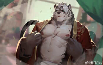 1boy abs animal_ears bara bing_ya chinese_commentary commentary_request furry furry_male furrybar highres looking_at_viewer male_focus muscular muscular_male navel nipples open_clothes open_shirt pectorals scar scar_on_chest scar_on_face scar_on_stomach smile tail takei_(furrybar) tiger_boy tiger_ears tiger_stripes tiger_tail watermark weibo_watermark