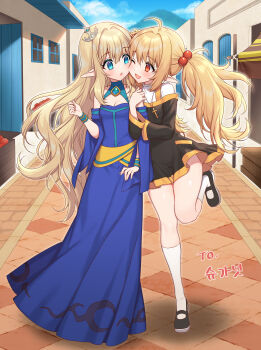 2girls absurdres ahoge artist_request bad_source black_dress black_shoes blonde_hair blue_dress blue_eyes commission cross cross_necklace dress elf hair_bobbles hair_ornament highres jewelry latin_cross long_hair long_sleeves mountain multiple_girls necklace open_mouth original outdoors pointy_ears red_eyes second-party_source shoes twintails twintails_elf_nun_(sugarnut) very_long_hair