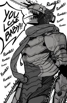 1boy absurdres blood bloody_weapon chainsaw chainsaw_devil chainsaw_man denji_(chainsaw_man) facing_to_the_side greyscale highres horns intestine_clothing intestines male_focus massbluess monochrome open_mouth pull_cord scarf sharp_teeth simple_background solo teeth weapon