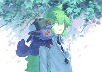 1boy absurdres backwards_hat collared_shirt commentary_request gen_5_pokemon green_hair grin hair_between_eyes hat highres kame_akira long_hair male_focus n_(pokemon) nintendo on_shoulder pokemon pokemon_(creature) pokemon_bw pokemon_on_shoulder shirt smile teeth undershirt white_shirt zorua