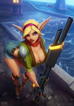 Rule 34 | 1girl, bandana, bandana around neck, barretxiii, black gloves, blonde hair, blue eyes, blue shorts, boots, breasts, brown boots, cleavage, denim, denim shorts, elf, fingerless gloves, gloves, green jacket, gun, jacket, jak and daxter, large breasts, looking at viewer, pointy ears, red bandana, short hair, short shorts, shorts, solo, tess (jak and daxter), weapon