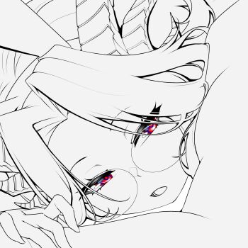 1girl absurdres commentary curtained_hair english_commentary glasses greyscale highres horns lineart long_hair looking_at_viewer monochrome open_mouth original portrait red_eyes round_eyewear saltnvalk solo spot_color unfinished