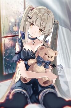 1girl bad_id bad_pixiv_id black_choker black_dress black_nails black_thighhighs breasts brown_eyes choker cross_pendant curtains dress grey_hair hair_ornament head_tilt highres holding holding_stuffed_toy indoors lace lace-trimmed_dress lace-trimmed_sleeves lace_trim long_hair long_sidelocks looking_at_viewer medium_breasts otonari_no_tenshi-sama_ni_itsu_no_mani_ka_dame_ningen_ni_sarete_ita_ken parted_lips pillow rain saint_laurent_paris shiina_mahiru_(otonari_no_tenshi-sama) short_dress short_sleeves sidelocks sitting solo spaghetti_strap stuffed_animal stuffed_toy teddy_bear thighhighs twintails very_long_hair wariza water_drop window wing_hair_ornament