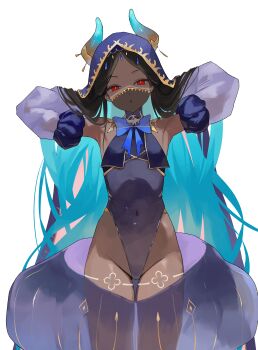 1girl absurdres armpits arms_behind_head arms_up bare_shoulders black_hair blue_hair bow bowtie colored_inner_hair commentary commission covered_navel cowboy_shot dark-skinned_female dark_skin demon_horns detached_sleeves grey_leotard highleg highleg_leotard highres horns leotard long_hair long_sleeves looking_at_viewer mouth_veil multicolored_hair nbee_ya original parted_bangs parted_lips purple_skirt purple_sleeves purple_veil red_eyes see-through_clothes see-through_sleeves shaded_face simple_background skirt skull solo standing thighs two-tone_hair veil very_long_hair white_background